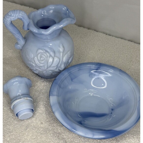 Avon Blue Swirl Milk Glass Floral Rose mini decanter bottle - Picture 2 of 5